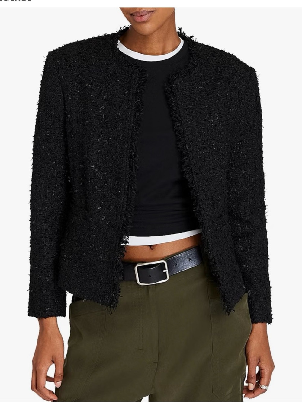Black Tweed Collarless Boucle Jacket Club Monaco sz 4 NWT